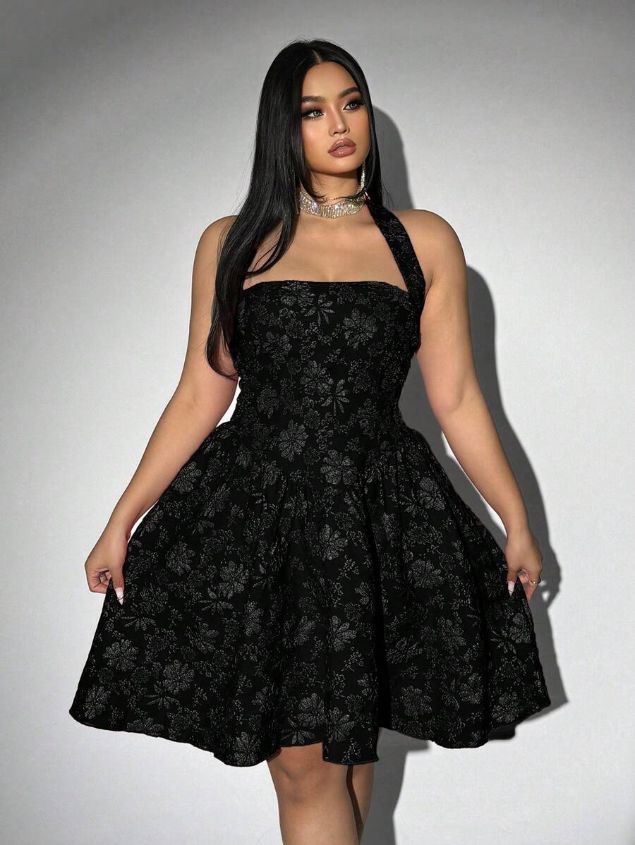 Allurite Plus Size Women Jacquard Halter Dress, Black, Valentine's Day, For Summer