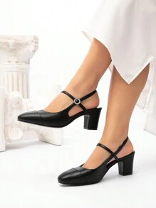CUCCOO CHICEST 女士简约交叉带玛丽珍设计方头优雅纯色方跟舒适甜美可爱黑色 PU 皮革女士高跟鞋适合约会、通勤、下午茶