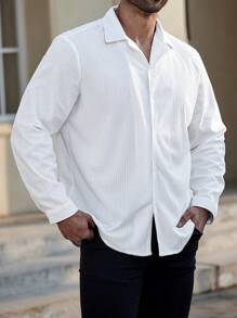 Manfinity Homme 大码男士长袖单排扣休闲纯色衬衫，秋季 - 白色 - 查看 3