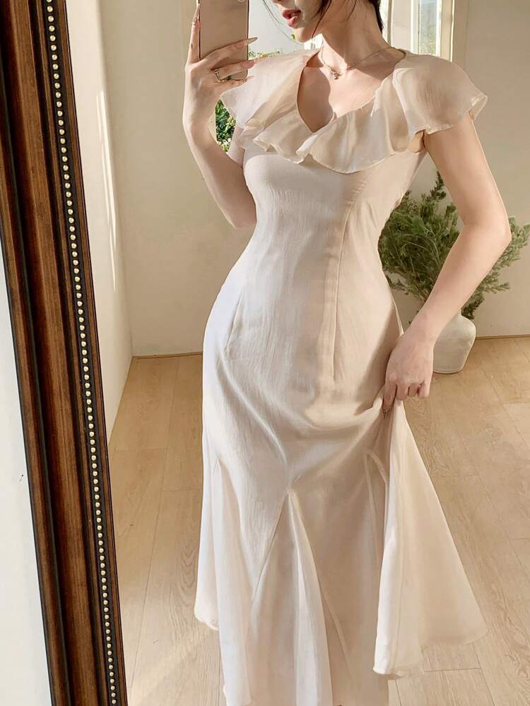 Women V-Neck Solid Color Ruffle Hem Mid-Length Dress,Dress For Wedding Maxi Dress Cocktail Dress
