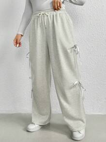 SHEIN Frenchy Pantalón de chándal gris cómodo y holgado con diseño de lazo para tallas grandes