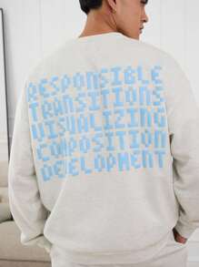 Manfinity VCAY 2 件套男女款休闲字母图案泡沫科技针织宽松落肩圆领运动衫和抽绳腰部慢跑裤套装，带保暖内衬，适合秋冬 - 灰色 - 查看 6