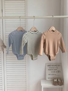 SHEIN LMoss Kids LMoss 3pcs/Set Newborn Baby Boy/Girl Adorable Knitted Striped Elastic Mock Neck Snap Crotch Bodysuit Set, Suitable For Autumn & Winter Indoor Layering - Multicolor - View 5