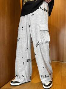 SHEIN Teen Boys' Oversized Casual Sweatpants With Graffiti Print & Pockets, Suitable For Streetwear, Party, Music Festival, Spring & Summer