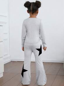 SHEIN 2pcs/Set Young Girl Solid Color Ruched Top With Fitted Flare Leg Knit Pants - Grey - View 2