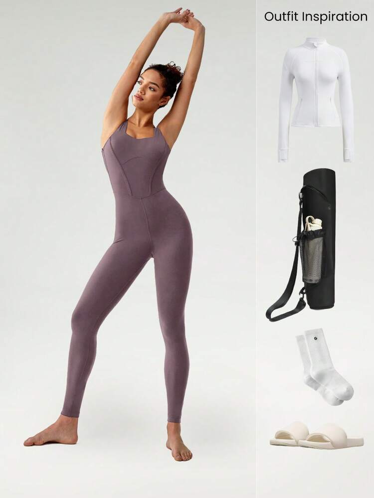 24" FeatherFit™ Tummy Control Open Back Gym Yoga Pilates Sports Jumpsuit Bodysuit Summer Elegant For Woman