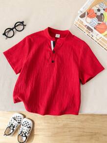 SHEIN 1pc Young Boys Casual School Red Stand Collar Short Sleeve Shirt Top, Versatile & Comfortable, Suitable For Spring/Summer, Valentine, Party, Date