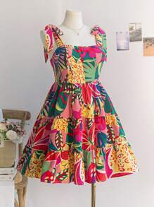 Soleia Plus Size Women's Boho Vacation Colorful Printed Bowknot Shoulder A-Line Mini Dress, For Summer,Beach Dress Sundress,Holiday Outfits