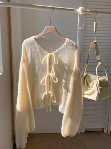 SHEIN EZwear Cardigan décontracté à manches longues avec nœud devant pour femmes, automne/hiver - Jaune citron - Voir 6