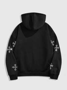 ROMWE MEN Street Life Men's Rhinestone Cross Print Zipper Collar Hoodie Sweatshirt, Autumn - Black - View 2