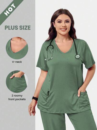 TaskEZ 大码纯色 V 领短袖口袋简约休闲手术服套装手术服套装护士连衣裙手术服上衣手术服下装实验室外套手术服外套