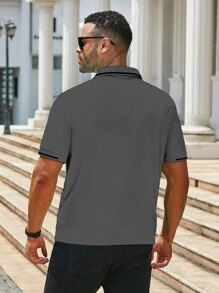Manfinity Homme Men's Plain Color Splicing Front Button Short Sleeve Casual Polo Shirt - Dark Grey - View 2