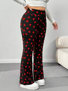 SHEIN EZwear Plus Size Women High Waisted Heart Flare Pants, Valentine's Day - Black - View 5