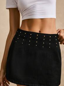 Poéselle 女式黑色低腰铆钉水洗迷你牛仔裙，西部风女装，Y2K，演唱会女装，日常休闲装，2025秋冬 - 黑色 - 查看 3