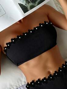 Women's Beach Vacation Printed Decor Bandeau Sexy Black Bikini Swimwear Set Summer