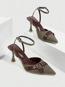 CUCCOO SZL Zapatos de tacón alto con punta puntiaguda de PU vintage verde oliva para mujeres