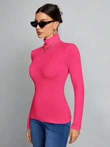 SHEIN Tall Simple Solid Color Slim High Collar White Top Suitable For Autumn And Winter - Hot Pink - View 4