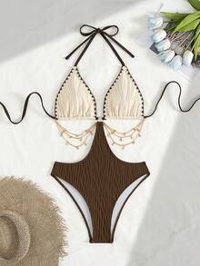 Swim Vcay Springbreak Women Beachwear Summer Beach Vacation Outfits, New Contrasting Textured Fabric Fashion Hollow Chain Decor Sexy One-Piece Swimsuit, Boho Festival