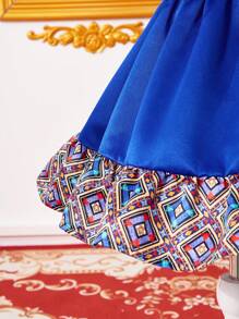 SHEIN Babygirl Summer Cute & Elegant Geometric Pattern Ruffle Hem Dress - Blue - View 4