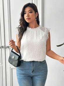 SHEIN Frenchy Plus Size Boho Solid Color Lace Trim Sleeveless Casual Top, Daily Wear, For Summer - White - View 4