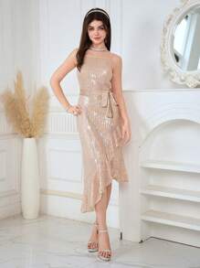 SHEIN Váy suông đính sequin viền bèo nhún bất đối xứng dành cho bé gái tuổi teen, thích hợp cho vũ hội, tiệc sinh nhật, đám cưới, biểu diễn, Giáng sinh - Rượu sâm banh - Xem 1