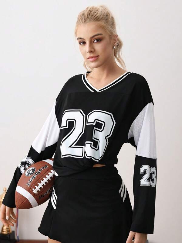 Cheerettes Tricou sport cu mânecă lungă pentru femei, de culoare neagră, cu imprimeu cu cifre, pentru uzură zilnică și cămașă de baseball la școală