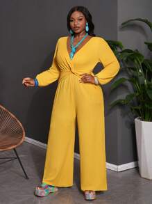 Slaydiva Elegant Commute Party Date Outfit, Solid-Color Magenta Long Sleeve Waist Twist Bowknot High Waist Wide Leg Jumpsuit, Plus Size For Valentine's Day - Yellow - View 7