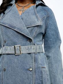 SUMWON WOMEN Luxury Designer Denim Trench Coat Full Length Belted Statement Outerwear High Fashion Double Breasted Maxi Winter Street Style Jacket - Blue - View 7