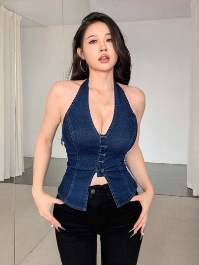 SHEIN ICON Top halter de mezclilla elástico y sin mangas sexy para mujer, corsé azul, top de verano lindo
