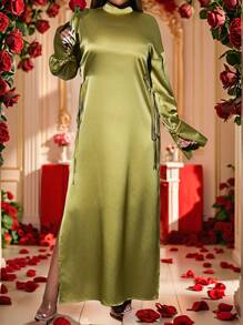 Slaydiva Women's Green Shiny Satin A-Line Split Hem Loose Dress, Suitable For Winter & Summer, New Year, Valentine's Day - Mint Green - View 4
