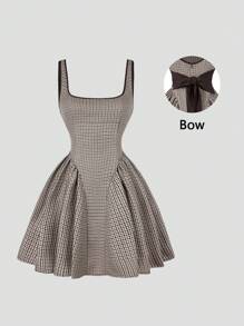 Sweetra Retro French Plaid Bow Contrast Strap Sexy Open Back Cinched Waist Lightweight Ballerina Style Women Spaghetti Strap Dress - Brown - View 2