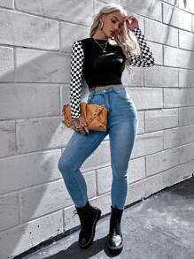 SHEIN Essnce Camiseta a cuadros de cuello alto - Negro - Ver 3