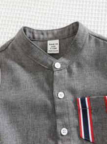 SHEIN 2pcs Set Baby Boy Summer Casual Elegant Adorable Gray Contrast Tape Short Sleeve Shirt And Shorts Outfit, Suitable For Birthday Party, Evening Party, Performance, Wedding, One-Month-Old Celebration And First Birthday - Multicolor - View 7