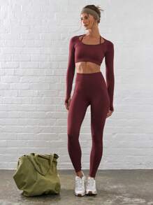 Musera Sport 露背多层长袖短款运动上衣，适合板网球、网球、匹克球等健身运动 - 酒紅色 - 查看 4