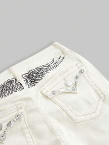 ROMWE Goth Women's Simple Front Button Pocket Casual Denim Low Waist Jeans, For Daily Wear - White - View 2