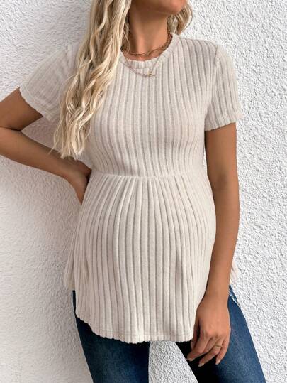 SHEIN Maternity Solid Color Round Neck Short Sleeve Casual Tops