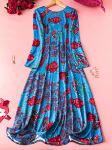 Plus Size Women Rose Floral Print A-Line Long Sleeve Crew Neck Dress