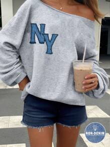 SHEIN EZwear NY English Text Graphic Loose Fit Off Shoulder Casual Long Sleeve Pullover Hoodie Sweatshirt For Women In Fall/Winter