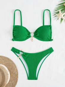 SHEIN Swim Tecido texturizado alça ajustável decoração de metal conjunto de roupa de banho feminina, triângulo biquíni sexy, natação/praia férias verão - Verde - Ver 1