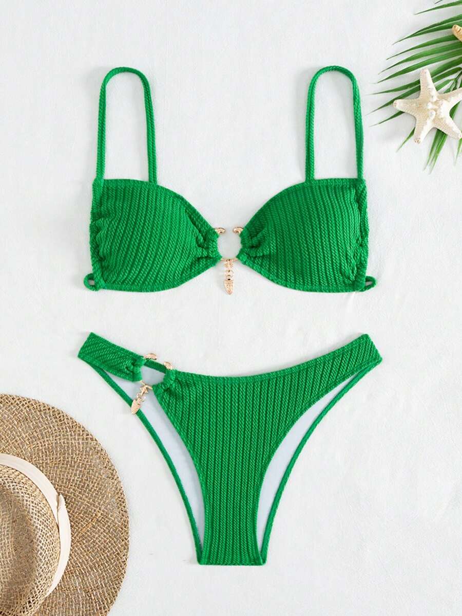 SHEIN Swim Tecido texturizado alça ajustável decoração de metal conjunto de roupa de banho feminina, triângulo biquíni sexy, natação/praia férias verão - Verde - Ver 1