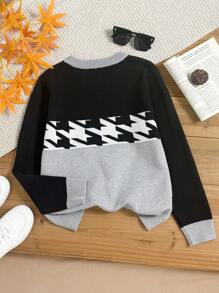 1 pieza Suéter de punto estilo coreano a cuadros patchwork para niña preadolescente, cuello redondo, negro y gris, apto para otoño/invierno - Negro - Ver 2