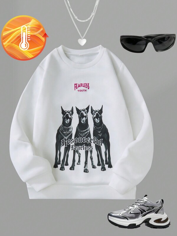 SHEIN Explorewe Pulover pentru fete Tween, cu imprimeu animal, căptușit termic, îmbrăcăminte de stradă confortabilă pentru toamnă/iarnă