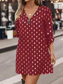 SHEIN Clasi Plus Size Women's Metallic Print Casual Woven Autumn Dress Burgundy Color Women Outfit