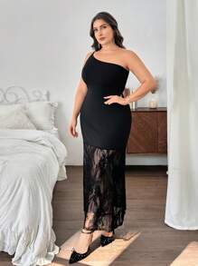 SHEIN Privé Plus Size Women's Asymmetrical Shoulder Lace Patchwork Mermaid Hem Romantic Lace Asymmetric Collar A-Line Dress, Suitable For Romantic Dates And Gatherings, Spring/Summer