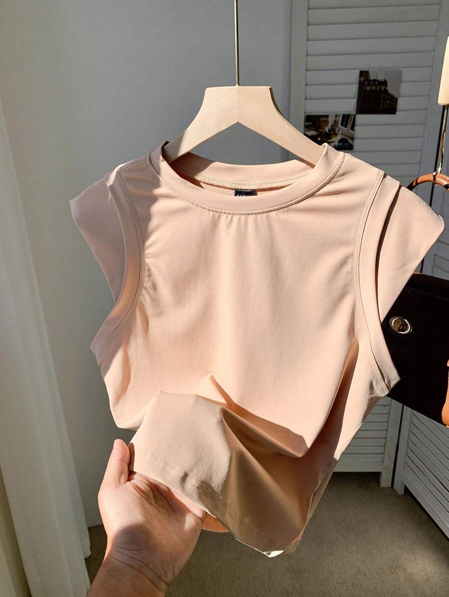 Comfortcana Women's Casual Plain 2 In 1s T-Shirt - Khaki - View 1