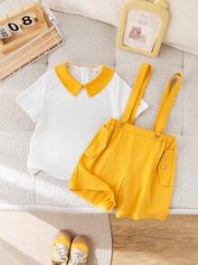 SHEIN 2pcs Set Young Boy Collared Short Sleeve Shirt With Contrasting Trim Suspender Pants Gentleman Suit, Elegant Gentleman British Style Suitable For Birthday Party, Baptism, 1st Birthday Celebration, Formal Occasions, Wedding - White - View 5