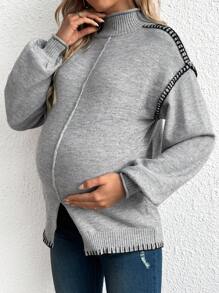 SHEIN Women's Knitted Turtleneck Long Sleeve Maternity Sweater, Winter - Grey - View 6
