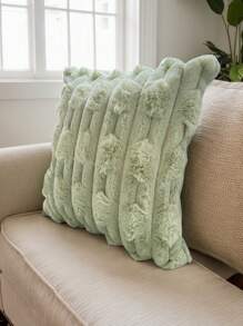 1pc Luxury Faux Fur Pillow Case, No Filling, Soft, Fluffy And Striped, 18x18 Inch - Machine Washable, Zippered, Square, For Sofa, Couch, Living Room Decor, Modern Style - Pastel Green - View 2
