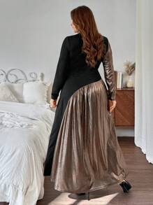 SHEIN Privé 大码女式不对称浪漫玫瑰金花卉贴花长裙，优雅立领黑色长裙，适合情人节 - 黑色 - 查看 2