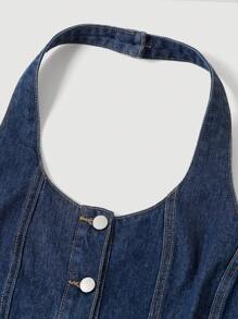 SHEIN MOD Plus Size Solid Color Simple Casual Halter  Denim Jumpsuit Women,Dark Blue Casual Halterneck Single-Breasted Fitted Denim Jumpsuit,Jumpsuits For Women Summer,Beach Outfits For Woman,Country Concert Outfit,Going Out Jumpsuits,Hawaii Outfits Women,Brunch Outfits For Women,Tea Party Jumpsuits
